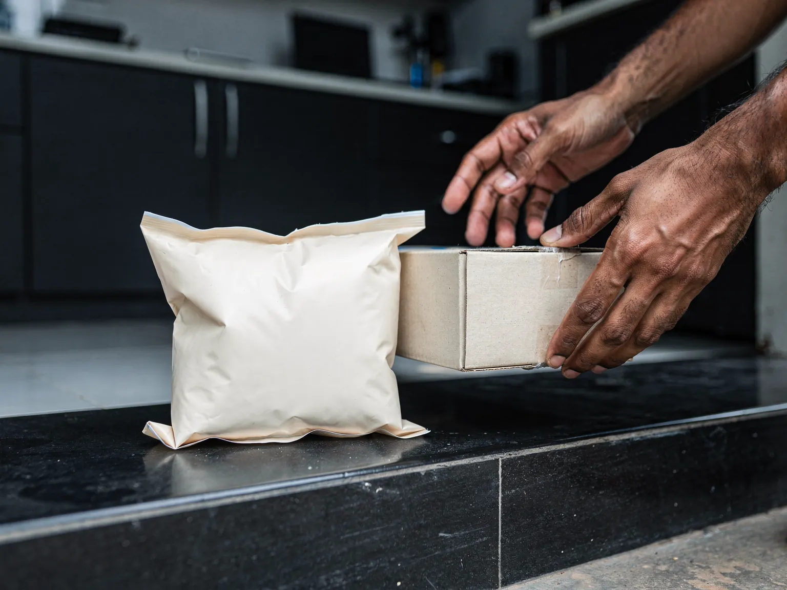 Illustration: a courier packet and box handed over at a counter